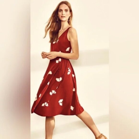 Ann Taylor Summer Blossom Oxblood Maroon Midi Tie Wrap Dress 2P - Picture 2 of 14
